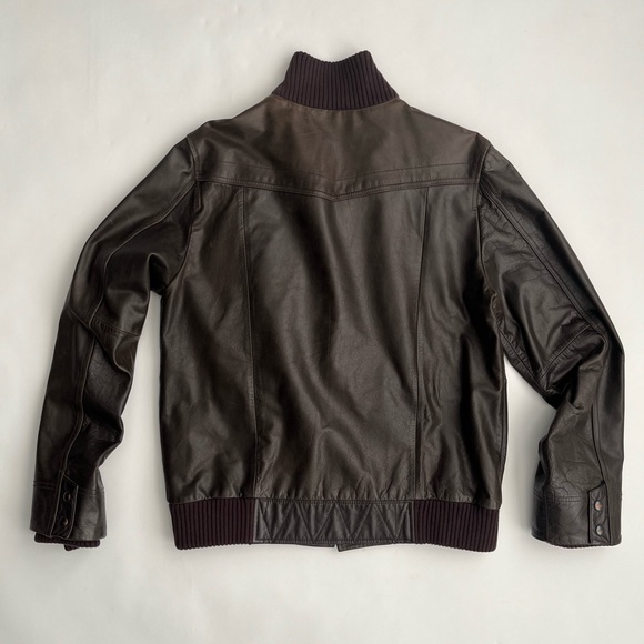 Gap men’s brown genuine leather bomber jacket with ribbed collar / L - Picture 2 of 11